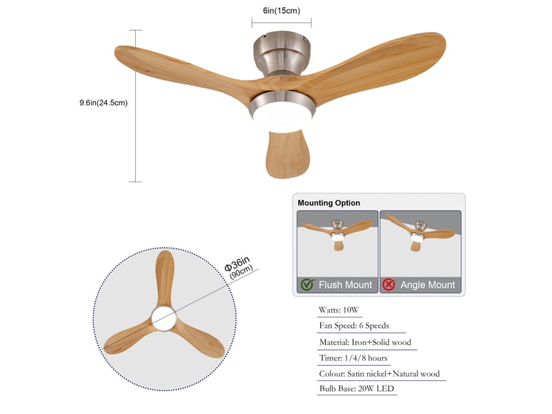  Ventilateur de plafond 90 cm sans éclairage 3 pales bois massif naturel réversible 6 vitesses télécommande silencieux  - Conforama E