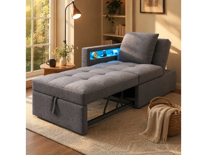 Canapé-lit 3-en-1 gris foncé en tissu de lin avec led, usb et type-c - Conforama C
