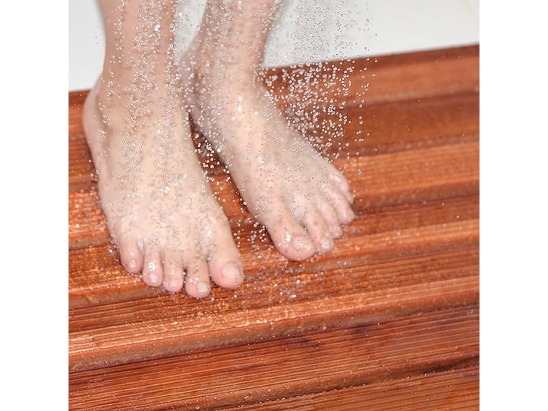  Tapis de bain en bois de teck, 80 x 48 cm, enroulable, avec pieds en caoutchouc antidérapants pour baignoire, sauna et spa.  - Conforama B