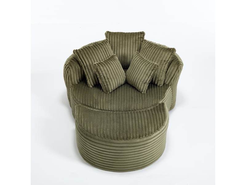  Fauteuil lounge rond oversize en chenille, avec repose-pieds et 5 coussins, sans pieds  - Conforama A