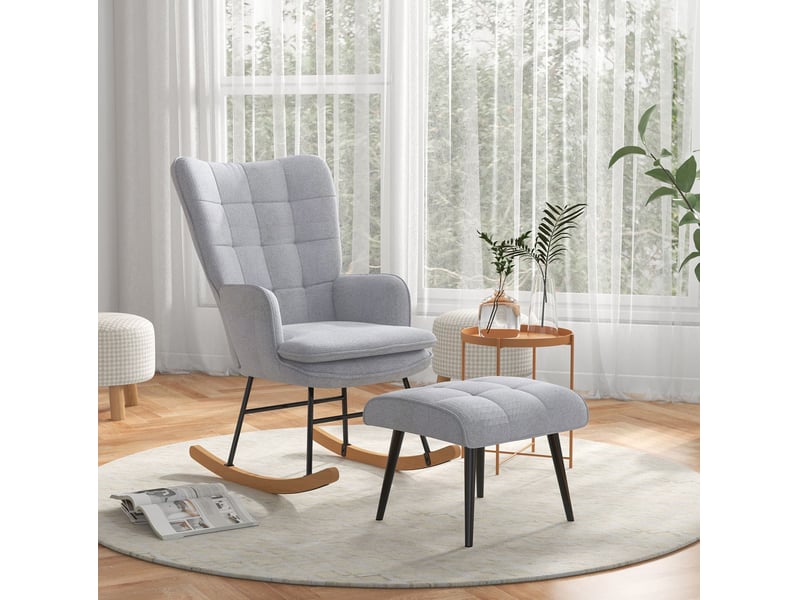 Fauteuil à bascule rembourré avec repose-pieds, dossier haut incliné et accoudoirs, en polyester gris clair - Conforama B
