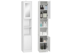 Armoire salle de bain haute, meuble de rangement colonne avec miroir, 2 portes, étagères réglables, 30x28x170cm, blanc