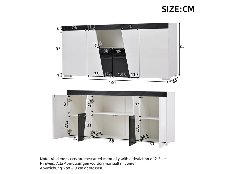  Ensemble meuble tv 180 cm et buffet 140 cm avec éclairage led, blanc et noir  - Conforama E