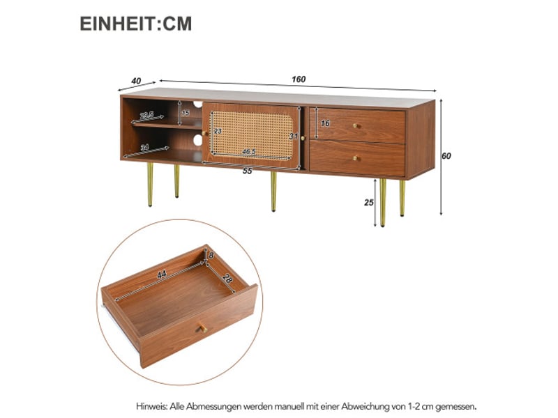  Meuble de tv 160cm élégant avec portes coulissantes en rotin, finition noyer et rotin plastique foncé, 2 tiroirs de rangement pratiqu  - Conforama C
