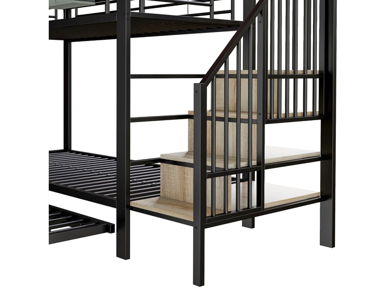  Lit superposé 90 x 200 cm noir en métal, lit gigogne, escalier avec rangements et poche de chevet  - Conforama E