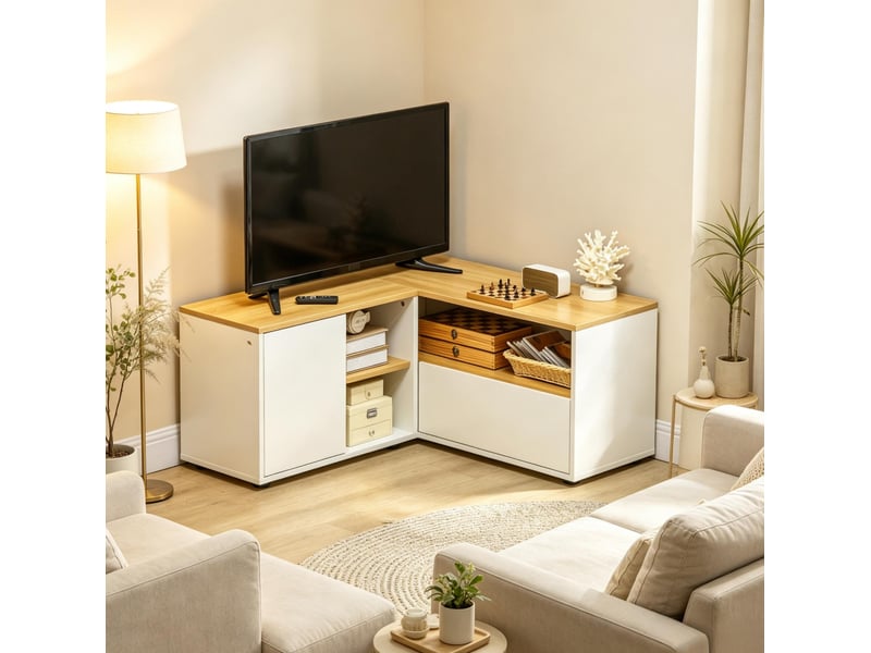  Meuble tv d'angle l blanc et bois clair 90 x 90 cm, 5 espaces de rangement, style scandinave moderne  - Conforama B