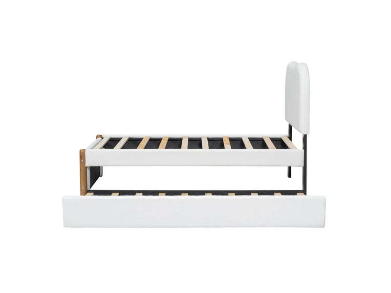  Lit gigogne pour enfant 90x200 cm avec tête de lit, sommiers, style épuré , peluche blanche, sans matelas  - Conforama D