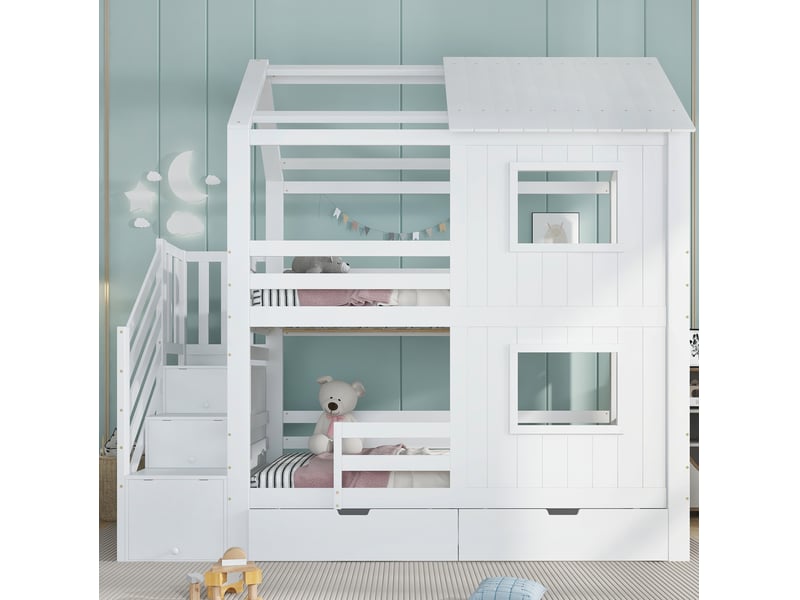  Lit superposé enfant blanc 90 x 200 cm avec escalier de rangement et tiroir à roulettes  - Conforama D