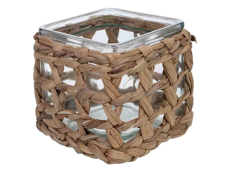  Bougeoir en verre recouvert de fibres naturelles marron 9,5x9,5x10 h cm  - Conforama A