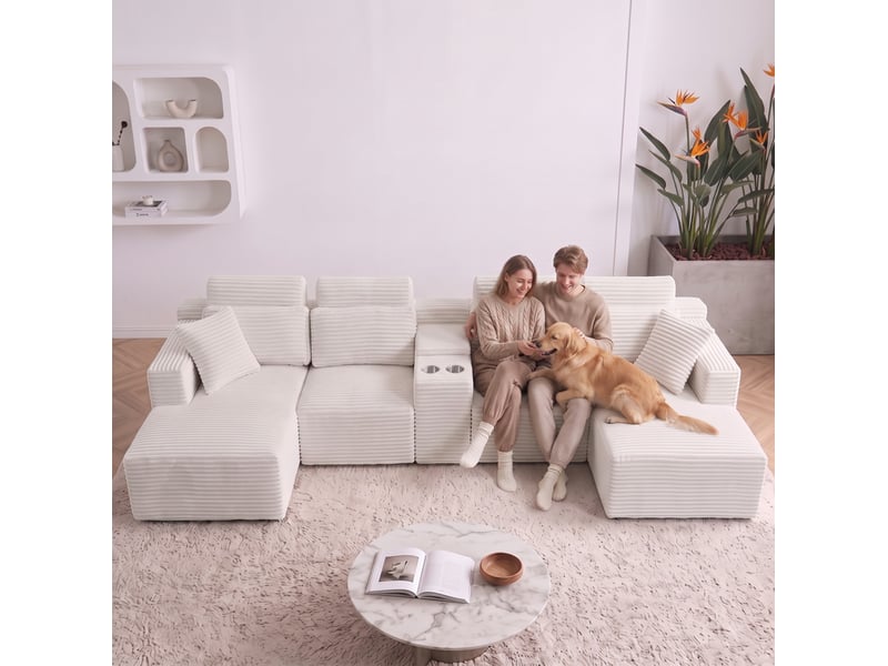  Canapé d’angle modulaire en u 373x151x81 cm compressé, porte-gobelets, mousse,  velours côtelé couleur blanc  - Conforama B