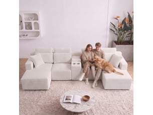 Canapé d’angle modulaire en u 373x151x81 cm compressé, porte-gobelets, mousse,  velours côtelé couleur blanc