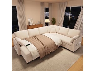 Canapé d'angle droit convertible <strong></strong> <strong>Bliss Lite</strong> 6 places Tissu beige avec coffre de rangement