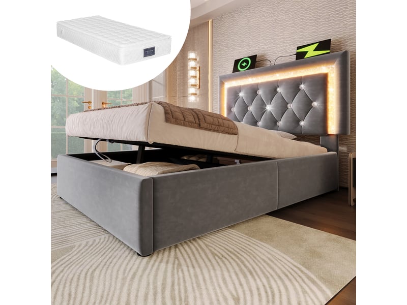  Lit rembourré 90x200 cm en velours avec led, usb type-c, coffre hydraulique et lattes, gris, avec matelas  - Conforama D