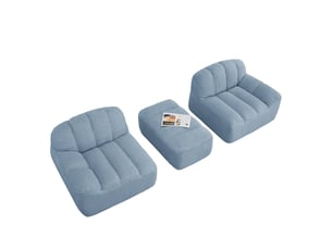 Canapé modulaire d'angle 2 places en tissu bouclette granuleux bleu avec ottoman, 210 x 165 x 79 cm