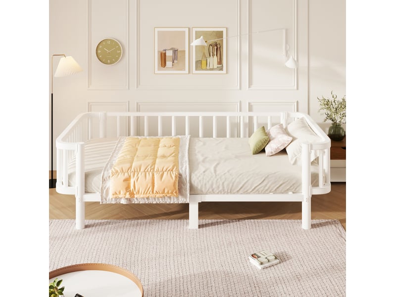  Lit simple 90x200 cm en métal blanc avec sommier à lattes en acier  - Conforama D