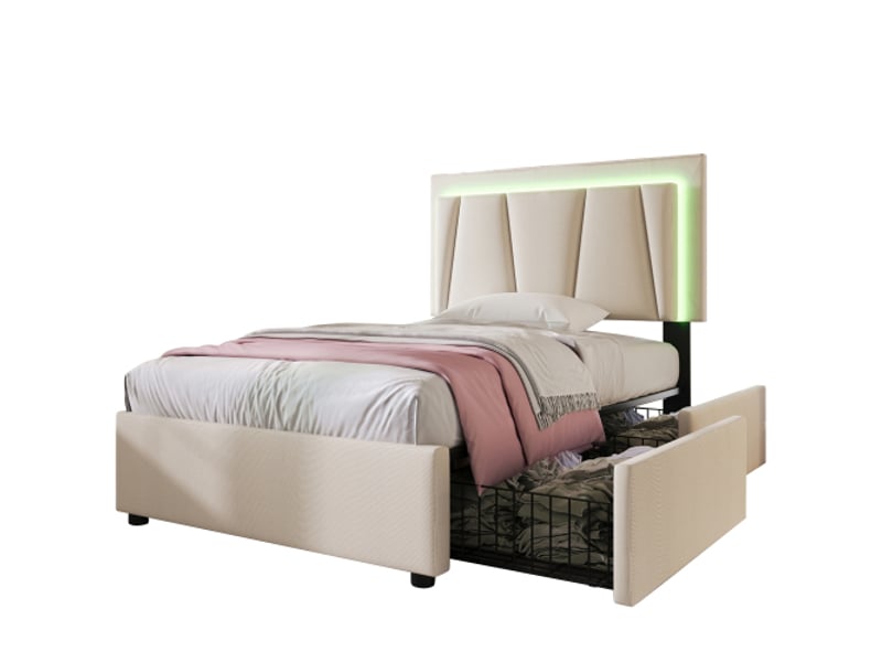 Lit enfant 90x200 cm, lit enfant avec 2 tiroirs, éclairage led et tête de lit réglable, en bois, beige, sans matelas - Conforama A