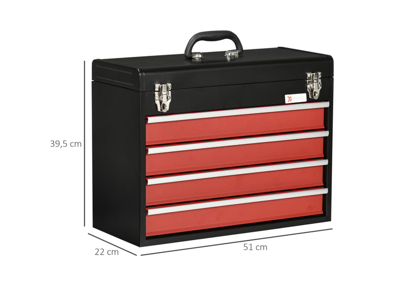 Boîte à outils 4 tiroirs 51 x 22 x 39,5 cm noir et rouge, acier, rangement verrouillable portable - Conforama C