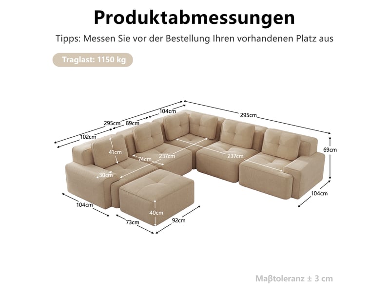 Canapé d’angle modulable 5 places en velours côtelé beige 295x295 cm - Conforama C