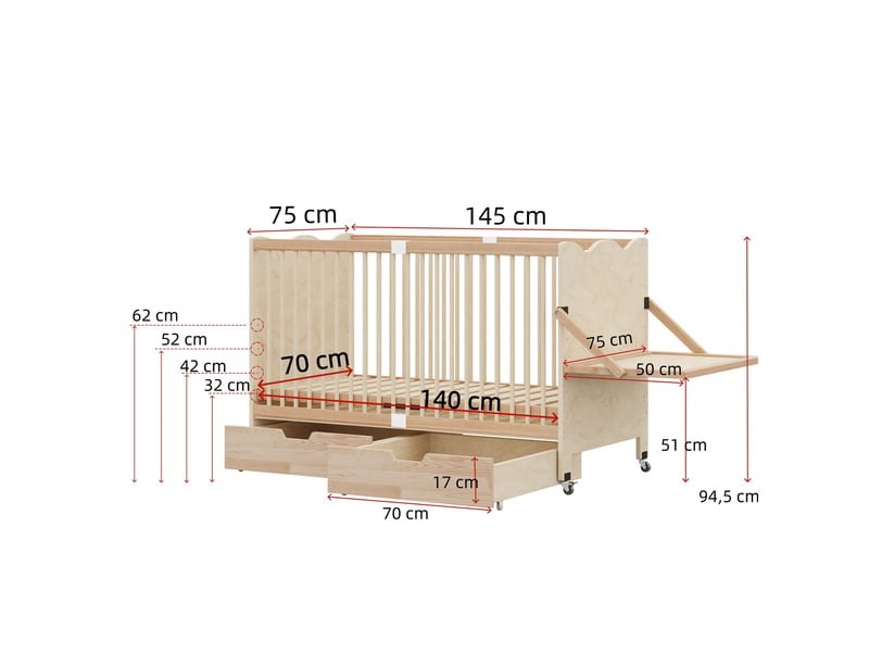  Lit bébé 70x140 cm mobile avec rangement et table à langer, bois de pin, naturel  - Conforama C