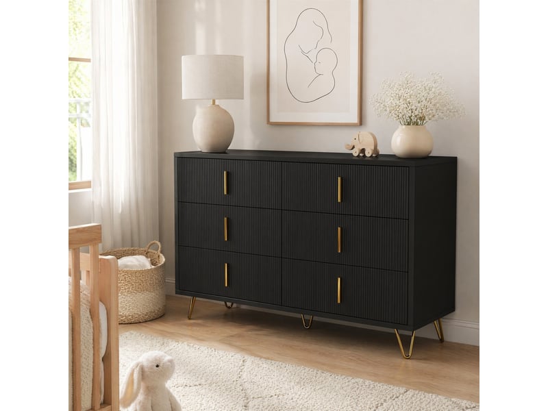 Chiffonnier 6 tiroirs 120x40x77 cm, finition noir+doré en panneaux de particules, commode au design design - Conforama B
