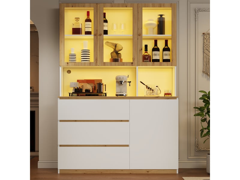  Vitrine avec éclairage led, armoire haute blanc et chêne 120x200 cm. Armoire de cuisine multifonction avec tiroirs et étagères en verre.  - Conforama R