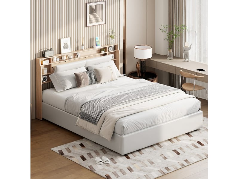  Lit double coffre - 160 x 200 cm - blanc - similicuir pu, tête de lit de rangement, dossier rembourré et vérins hydrauliques  - Conforama C