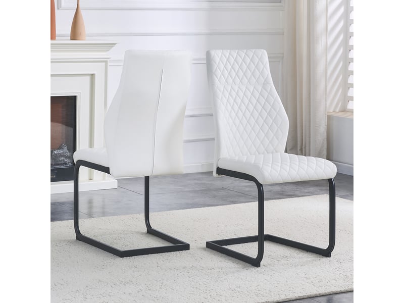  Chaises de salle à manger 2 pièces motif losange blanc, dossier haut et assise rembourrée, piètement métal noir antidérapant et résistant pour restaurant  - Conforama B