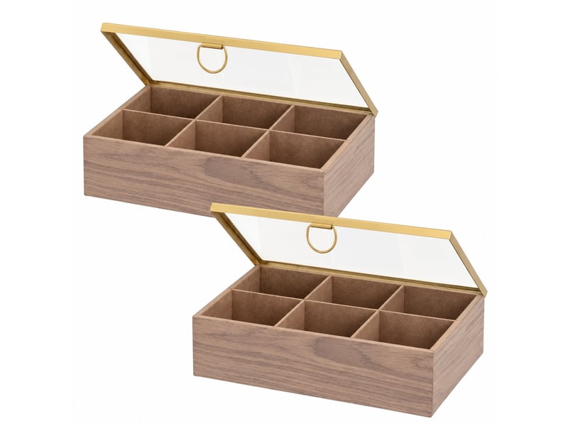  Lot de 2 boîte de rangement vitrée multifonctions à 6 compartiments en mdf effet bois - longueur 24 x profondeur 16 x hauteur 7 cm  - Conforama A