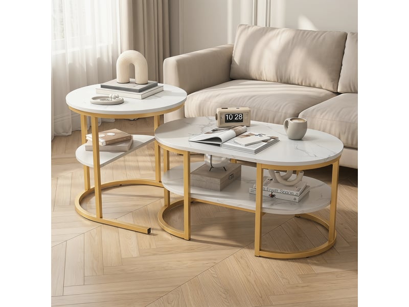  Lot de 2 tables basses gigognes , structure en métal , moderne table d'appoint rondes ,plateau aspect marbre, blanc et doré ,80 x 46 x 41 cm et ø52cm  - Conforama B