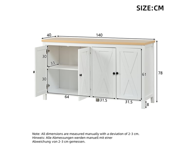  Buffet moderne blanc 4 portes en mdf avec poignées rondes noires 2 compartiments meuble de rangement salon salle à manger entrée 140 x 40 x 78 cm  - Conforama C