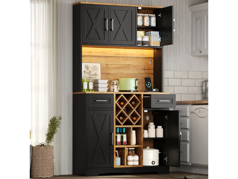  Buffet de cuisine en mdf 105x40x180 cm, 2 tiroirs, casier à bouteilles amovible, led et prises usb pour salle à manger  - Conforama D
