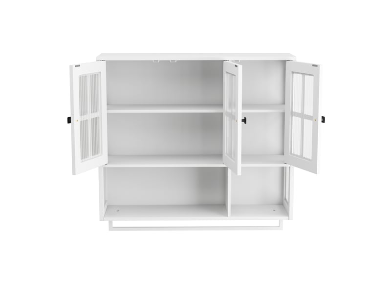 Armoire murale modèle bath 3 portes, blanc, bois, rangement ouvert caché, porte vitrée, barre serviette - Conforama E