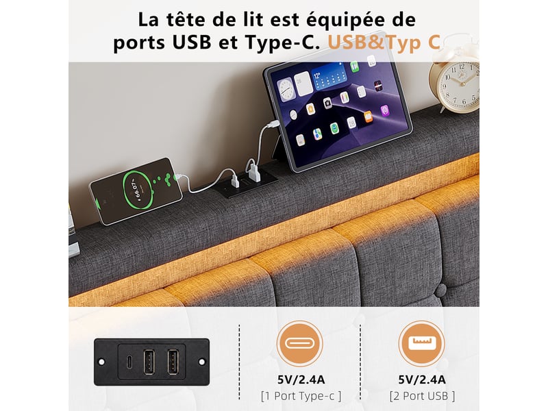 Lit simple 90x200 cm avec led,usb et 2 tiroirs, lit enfant adolescent moderne, tête de lit rembourrée, lin gris - Conforama R