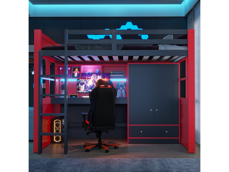  Lit mezzanine 90 × 200 cm avec bureau, armoire, tiroirs, rangements et échelle, style gaming noir et rouge  - Conforama C