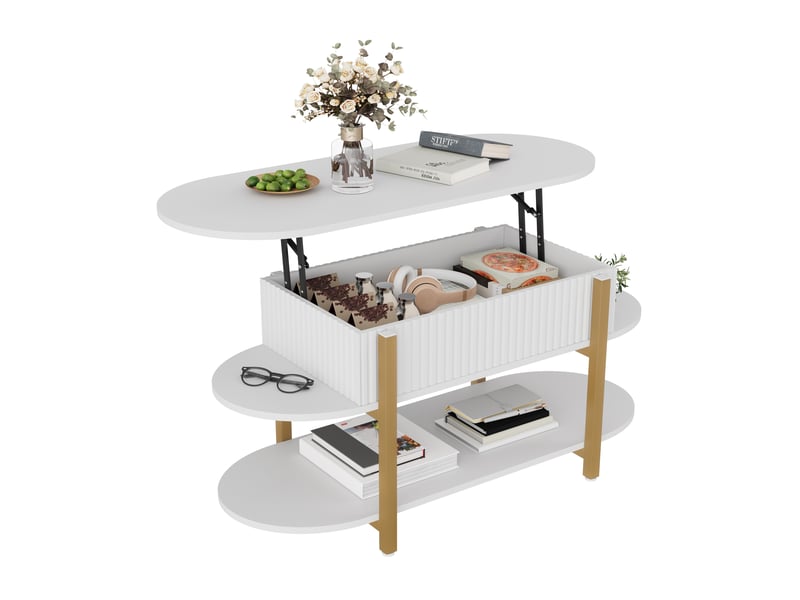 Table basse relevable 106x45x50-63 cm avec rangement multicouche, table de salon et d’appoint, pour salon, métal blanc - Conforama A