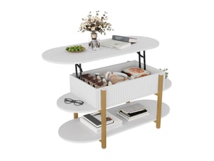Table basse relevable 106x45x50-63 cm avec rangement multicouche, table de salon et d’appoint, pour salon, métal blanc