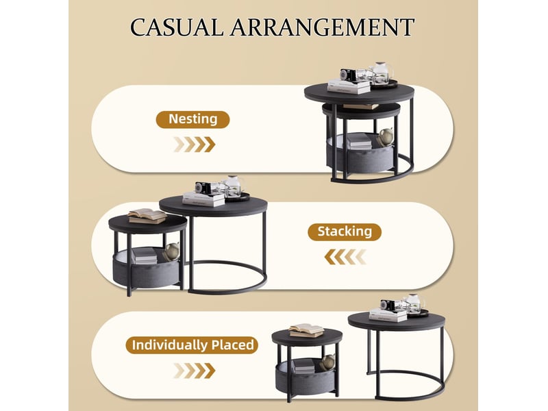  Tables basses rondes gigognes 70x48 cm style industriel métal noir antique  - Conforama C