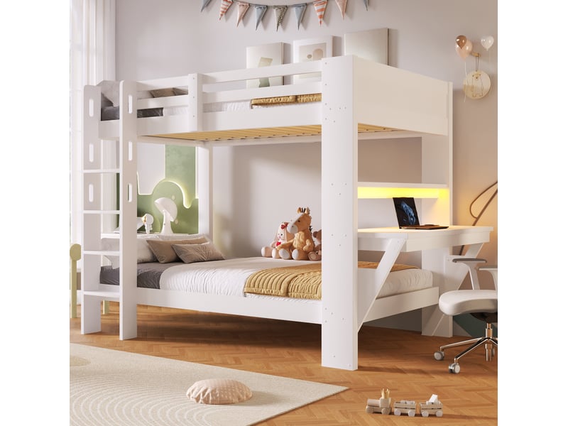  Lit superposé 90x200 cm avec bureau, prises et éclairage led, blanc  - Conforama C