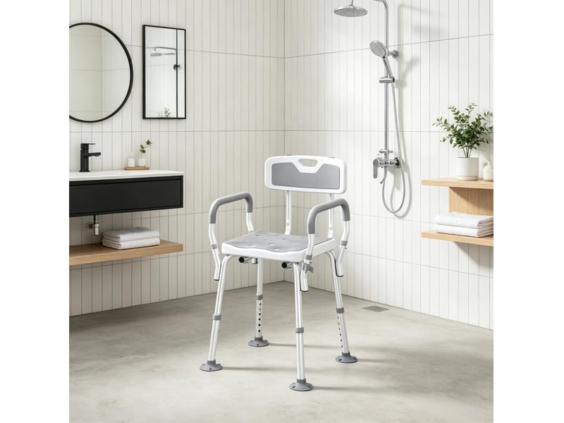  Chaise de douche réglable en hauteur avec dossier et accoudoirs, assise antidérapante pour salle de bains  - Conforama B