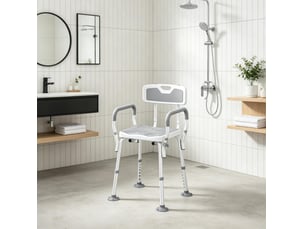 Chaise de douche réglable en hauteur avec dossier et accoudoirs, assise antidérapante pour salle de bains