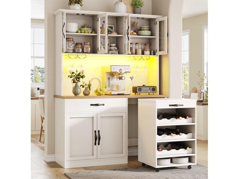  Buffet de cuisine haut led avec 4 portes vitrées, tiroir, range-verres et chariot amovible, 140 × 38 × 180 cm  - Conforama C