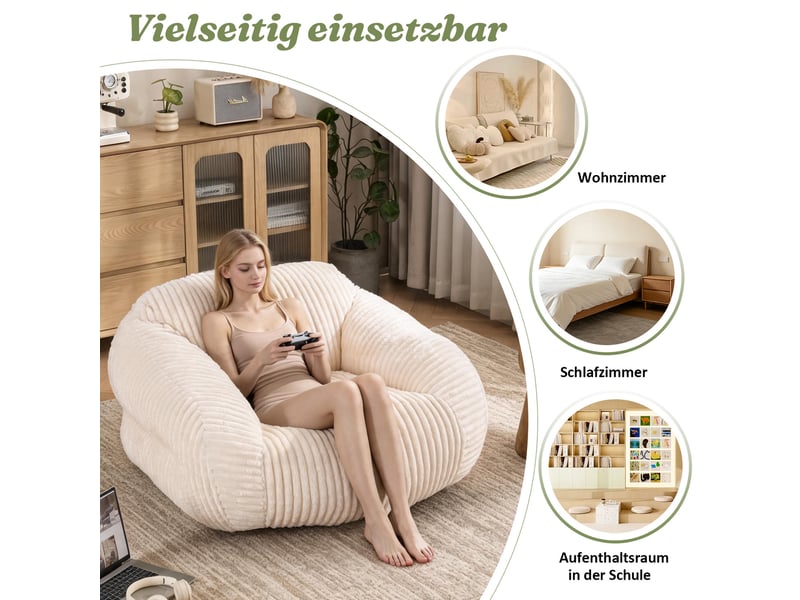 Fauteuil pouf pour adulte avec dossier enveloppant, assise moelleuse et sans montage, en velours côtelé beige - Conforama D