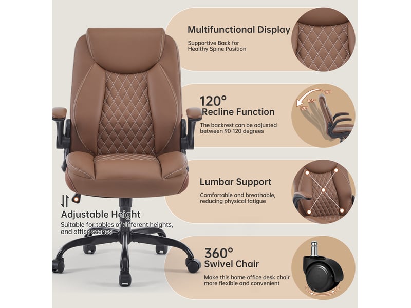  Chaise de bureau ergonomique avec soutien lombaire, accoudoirs relevables et hauteur réglable en similicuir marron  - Conforama C