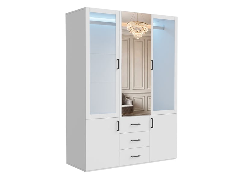  Armoire de penderie 3 portes avec miroir central et tiroirs - 130 x 51,8 x 181,5 cm - blanc - meuble de rangement - éclairage led  - Conforama E