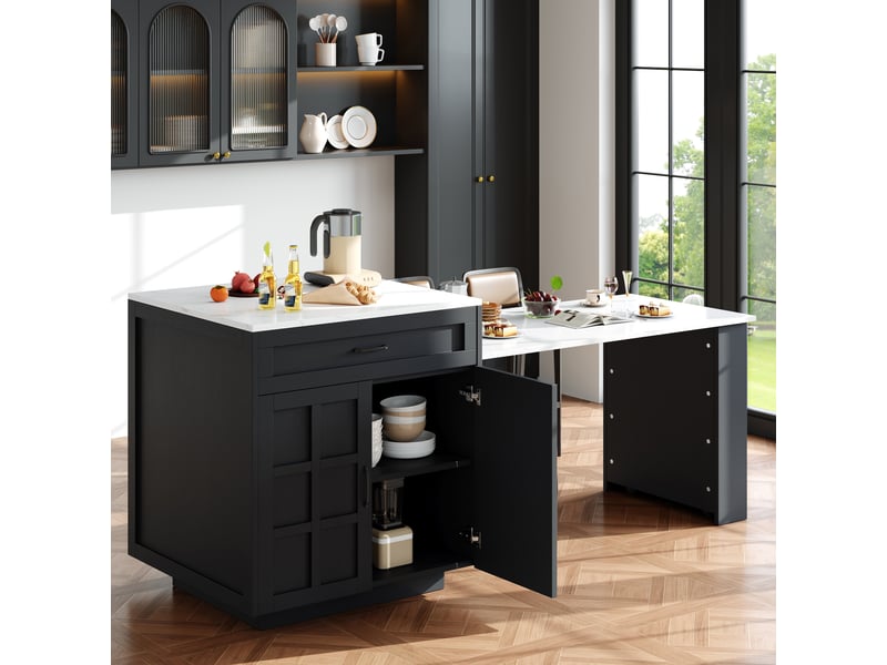 Table de bar extensible et îlot de cuisine avec rangement, plateau effet marbre, couleur noire élégante, 133-202x70x93.5cm - Conforama E