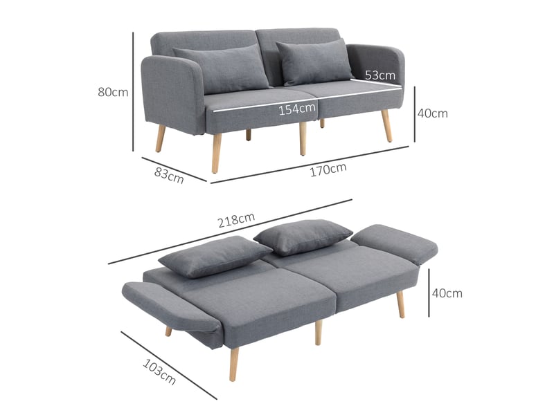 Canapé convertible 3 places avec dossier 3 positions et accoudoirs réglables, en polyester gris, 170 × 83 × 80 cm - Conforama C