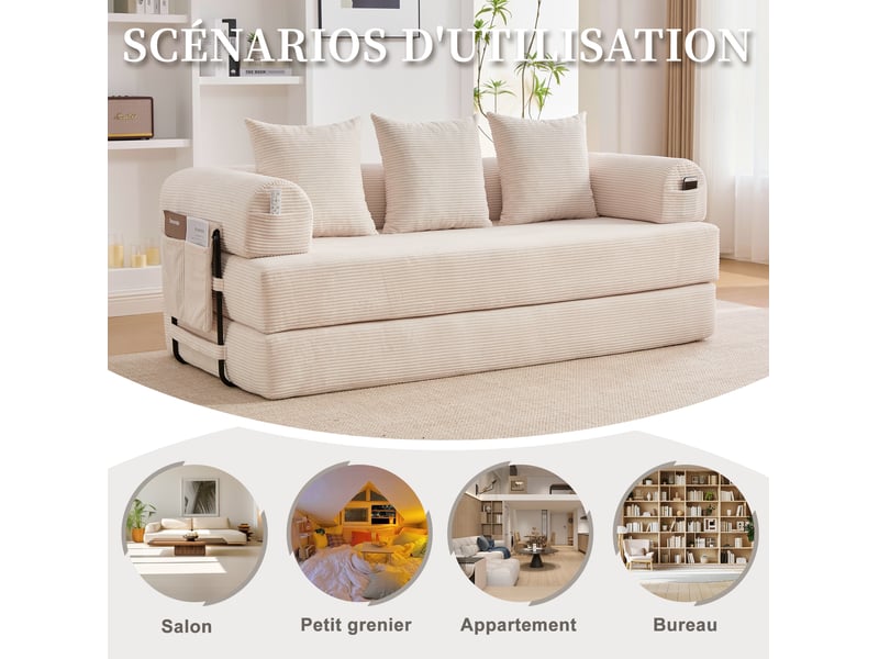  Canape modulaire 200 x 94 x 67 cm – beige – 3 places, poches de rangement et montage rapide  - Conforama E