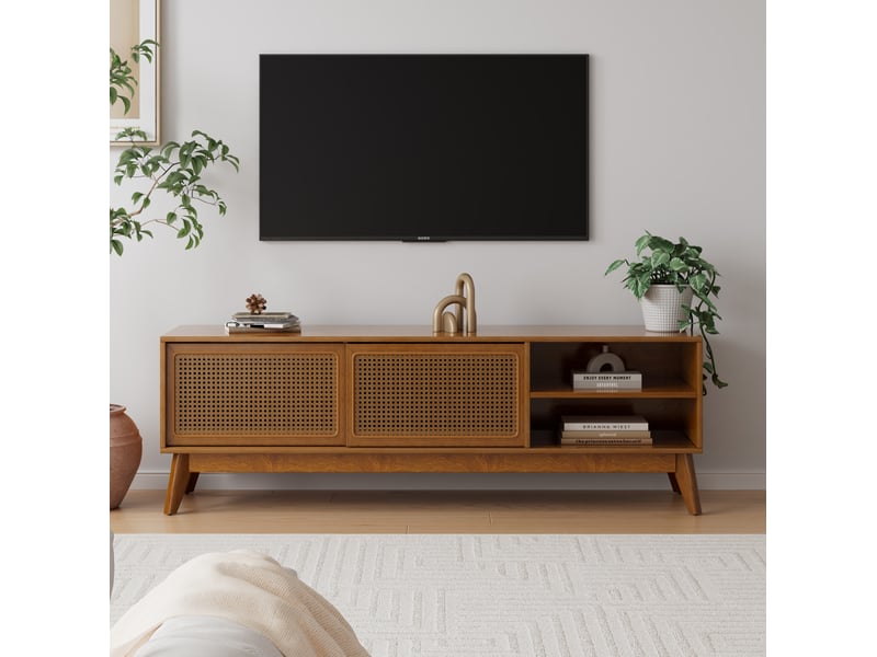  Meuble tv 150 cm pour écran jusqu'à 65 pouces, portes en rotin, noyer clair  - Conforama E