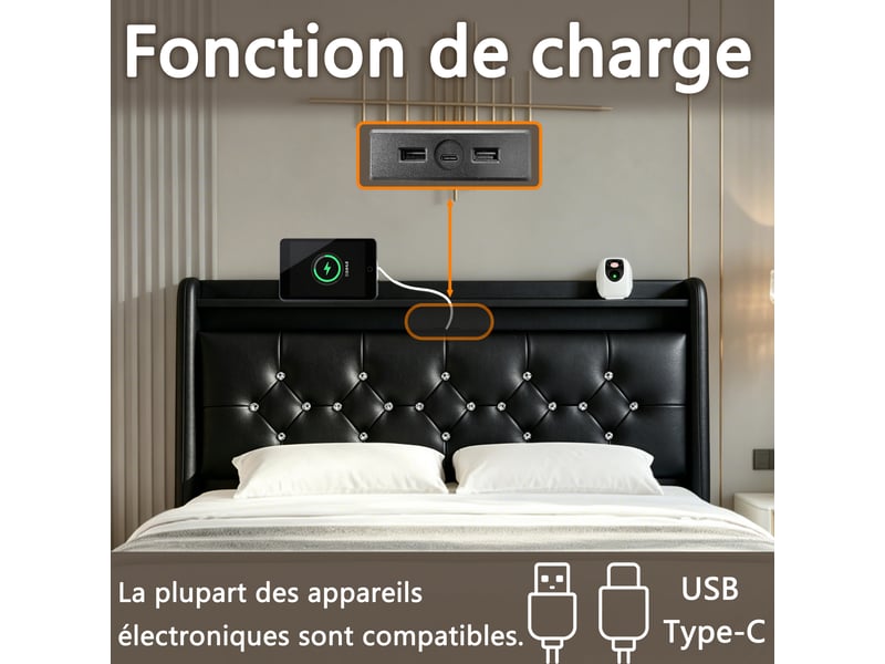  Lit 160x200 cm noir avec 4 tiroirs rangement, led, ports usb+type-c sans matelas EBD859Q-BK - Conforama R
