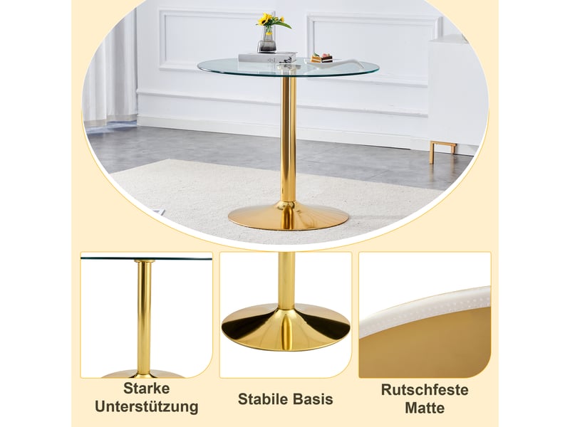  Table de bar ronde,85x85x76 cm,verre trempé transparent et métal,doré  - Conforama E